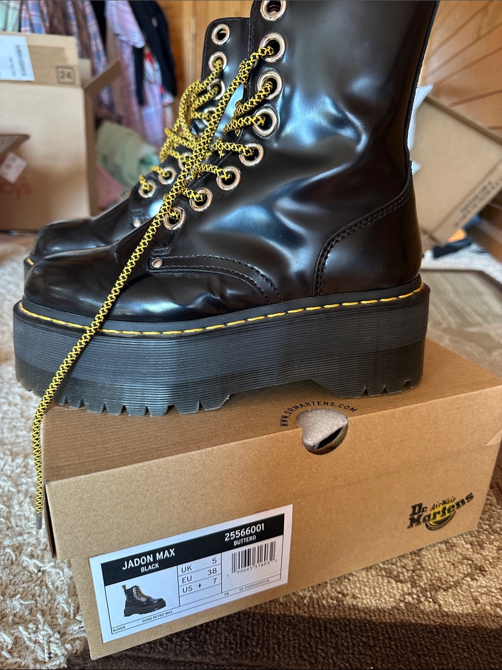 Dr. Martens Black Platform Lace-Up Boots with Yellow Accents